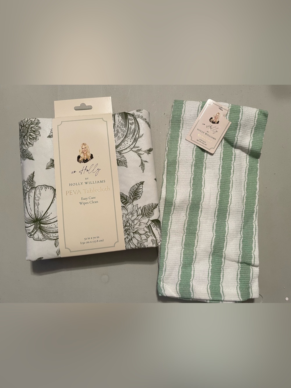 Holly Williams Peva Fall Autumn Pumpkin tablecloth & Kitchen towel Green White